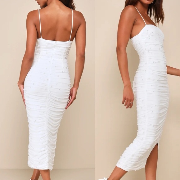 Toast to Romance White Ruched Pearl Bodycon Midi Dress - Picture 2 of 2